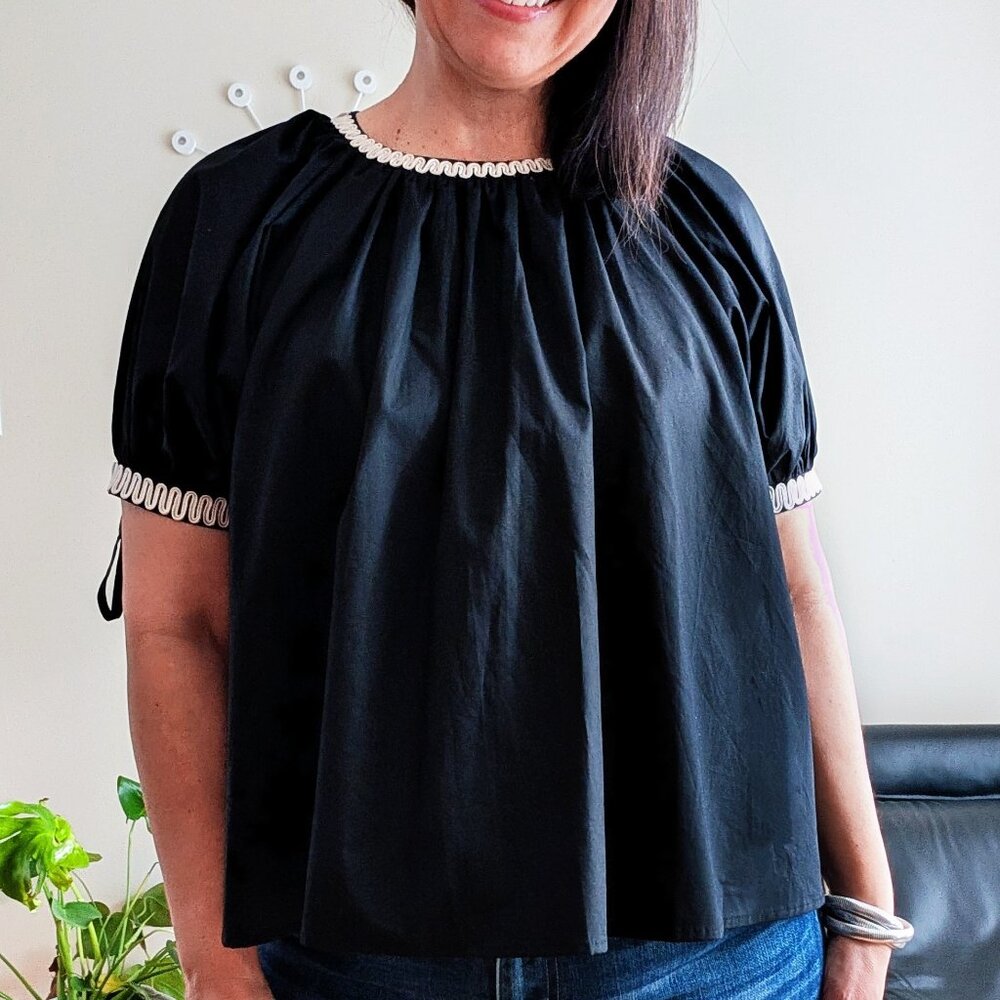 NEW ✨ Black Cotton Peasant Top Sm Heyson Retro Style Bow Sleeve Victorian Blouse